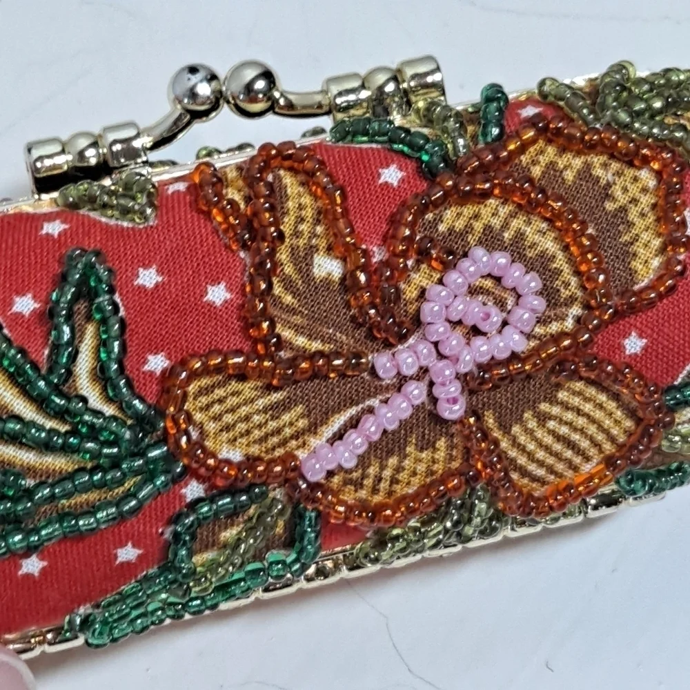 Hand Beaded Silk Pouch with Matching Lipstick Case Vintage EUC